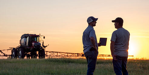 Two Men Standing in Field Looking At Laptop